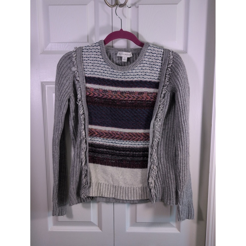 White + Warren Sweater Womens Size M Gray Cashmere Blend Knit Fringe